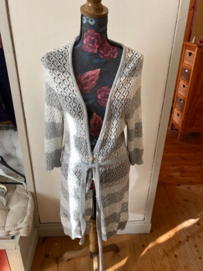 Gilet long, gris et blanc L