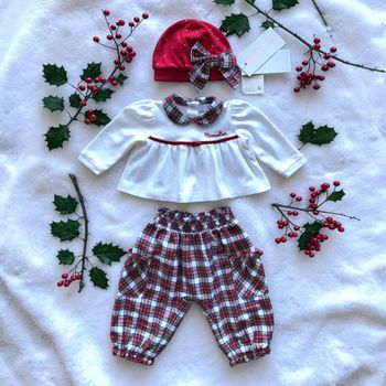 MONNALISA - NEW - ENSEMBLE 3P BÉBÉ FILLE MOTIF TARTAN ÉCOSSAIS & DÉTAIL STRASS 3M