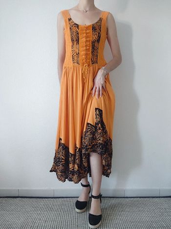 Robe médiévale à lacets orange feuille noir vintage / Coline - 40/L à 42/XL