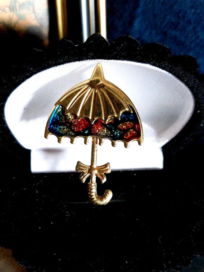 Broche parapluie vintage métal doré et émail - photo numéro 7