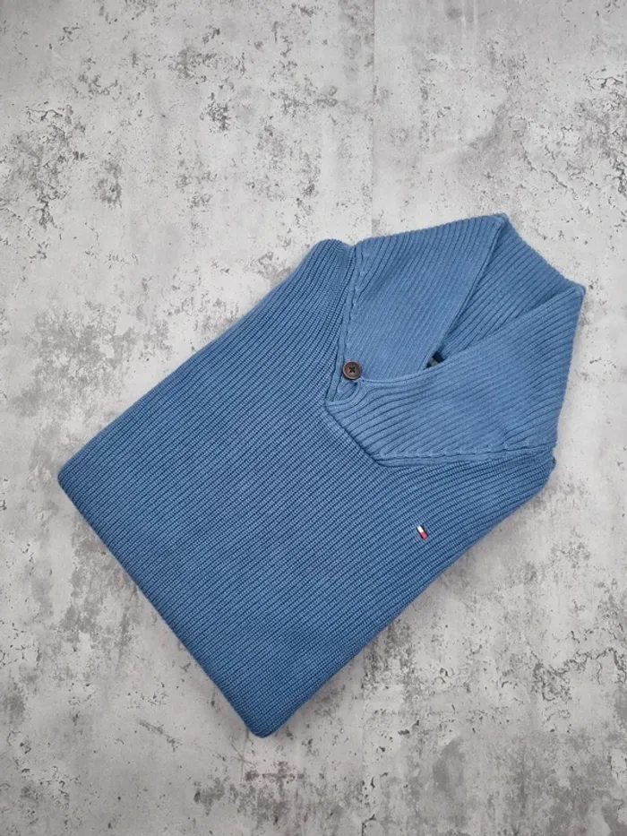Pull col châle Tommy Hilfiger bleu – Taille M Homme (mesures en photos)