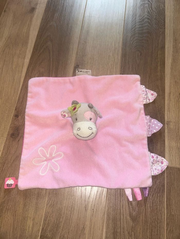 Doudou vache girafe rose fleurs nattou