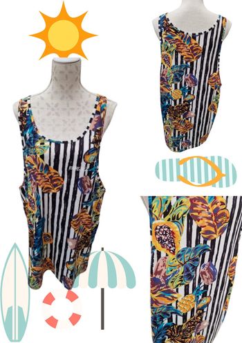 Debardeur Oversize Rayures Blanches Noires Imprimé Ananas Feuillages Papayes Multicolore