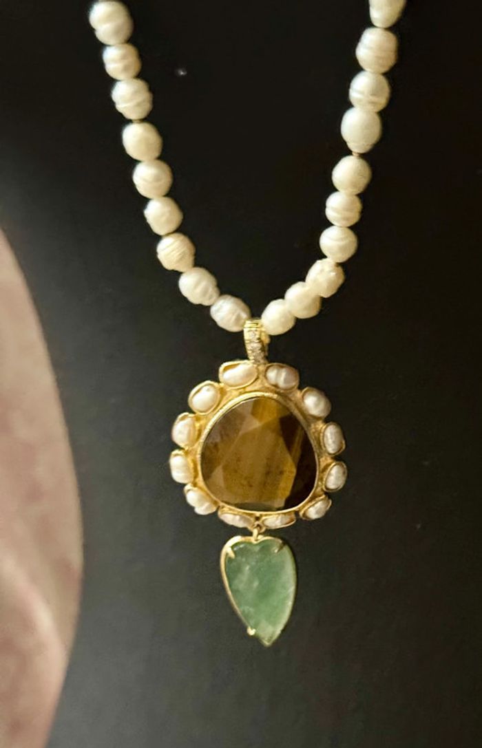 Sautoir habaha Paris perles d’eaux douces véritables amazonite œil de tigre rare - photo numéro 5