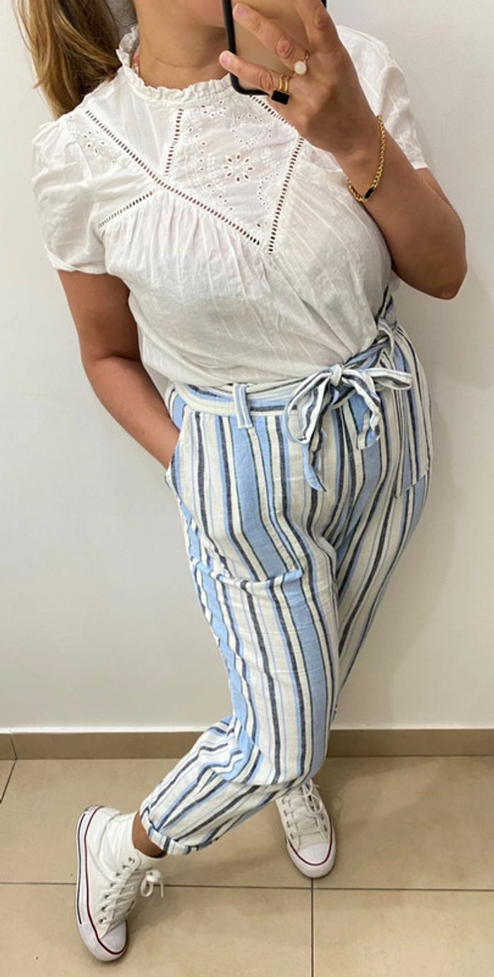 Pantalon À Rayures Avec Ceinture À Nouer Taille L - photo numéro 4