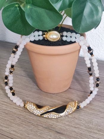 Collier ras de cou chic perle quartz strass blanc doré noir vintage - 42cm