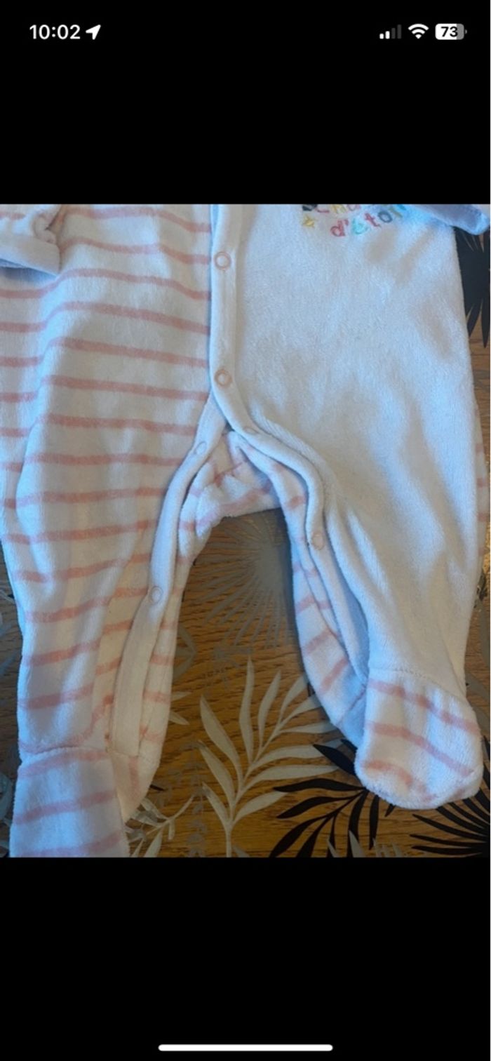 Pyjama d’hiver à pressions avant blanc à rayures roses + bonnet bb 0/6 mois - photo numéro 4