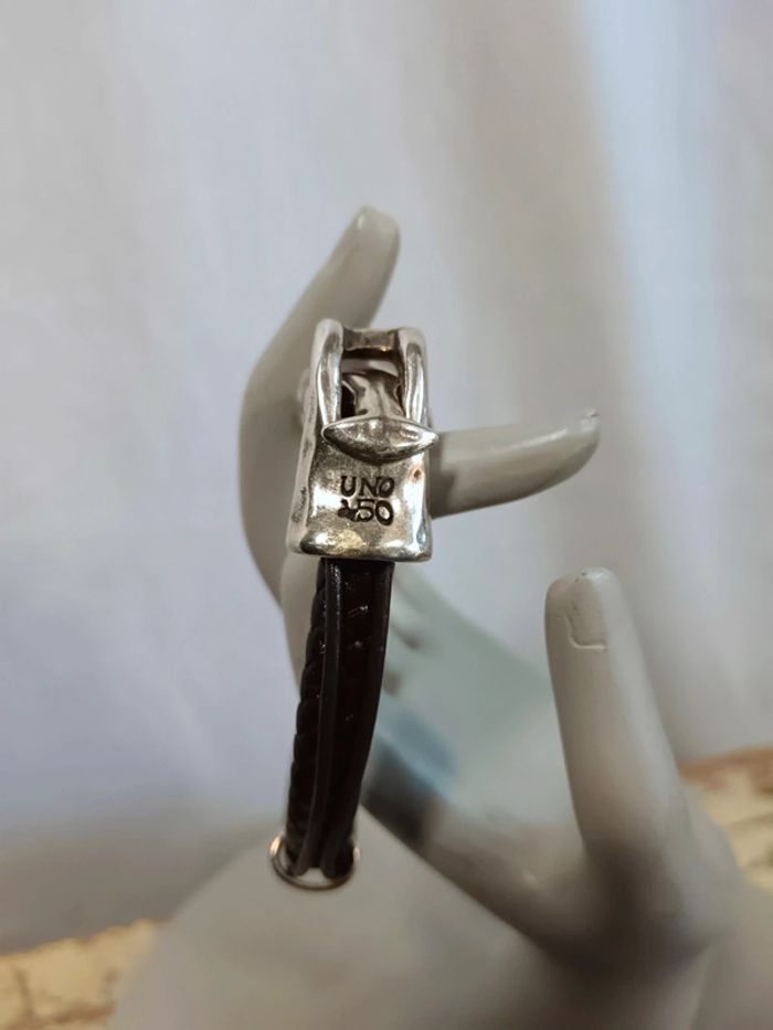 Bracelet homme cuir noir plaqué argent | Uno de 50 - photo numéro 2