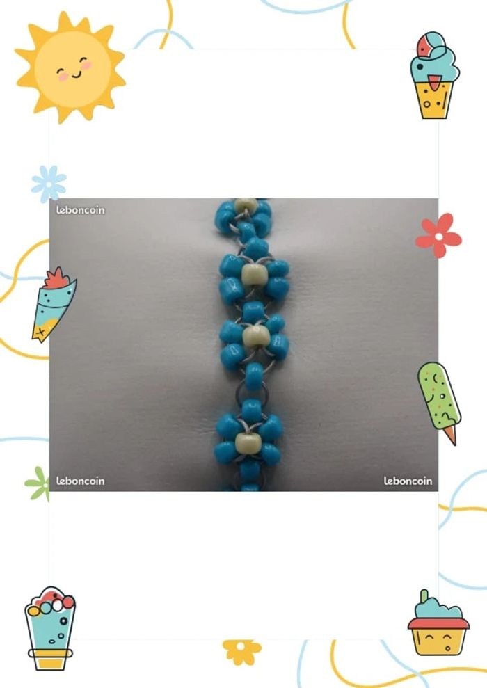 Bracelet perles de rocaille motif fleur bleu et creme fait main - photo numéro 2