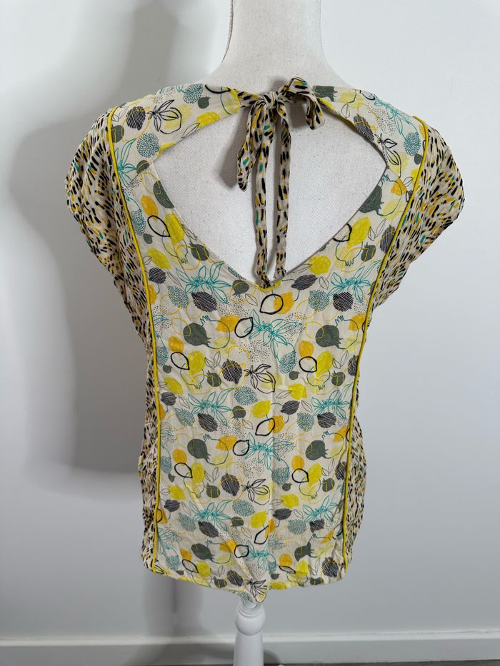 Blouse bariolée jaune et beige crème imprimés citrons agrumes T36 S - photo numéro 6