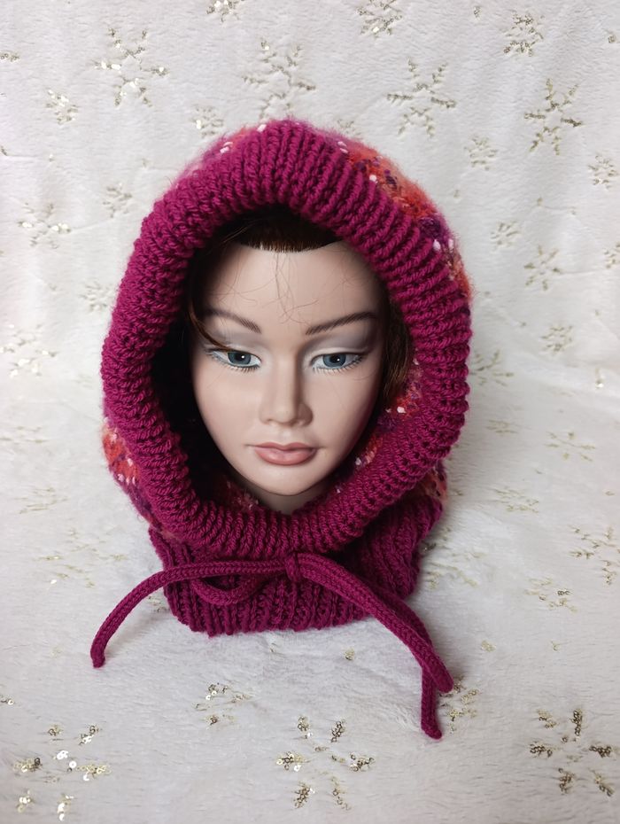 Cagoule femme hood Balaclava violine uni et chiné neuf fait mains - photo numéro 5