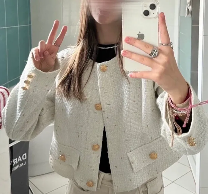 Veste Femme Tweed Écru Doré - Taille S Neuve Élégante Chic Printemps
