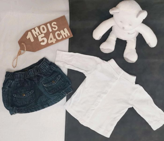 Ensemble 👣 jupe jean et tee-shirt blanc manches longues col montant Kitchoun 1mois/54cm - photo numéro 2