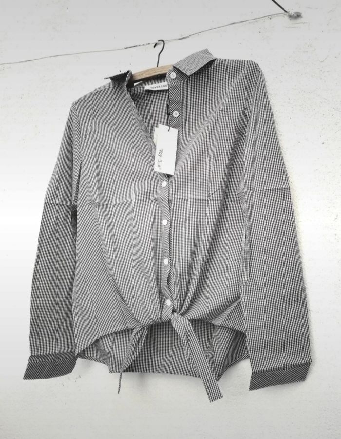 Chemise neuve vintage à carreaux blanc/brun avec noeud 100 % viscose S Voyelles - photo numéro 2
