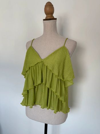 T-shirt top bretelles Zara été débardeur volants fluide plissé M vert pomme Haut camisa léger