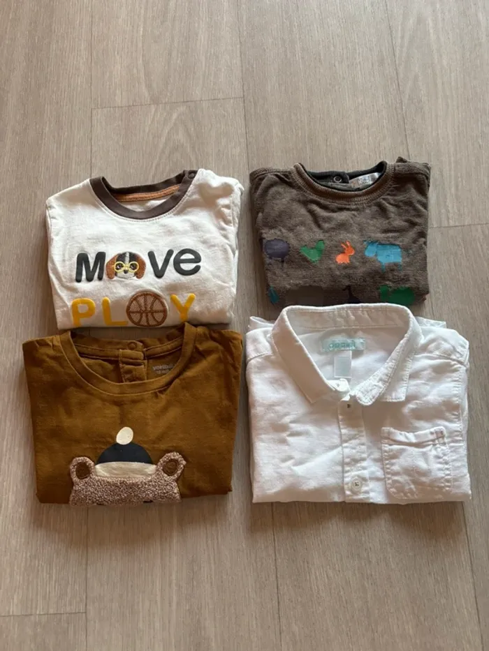 Lot 3 t-shirts ML + 1 chemise 12 mois