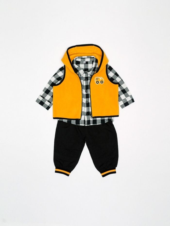 Ensemble chemise à carreaux, gilet polaire + pantalon