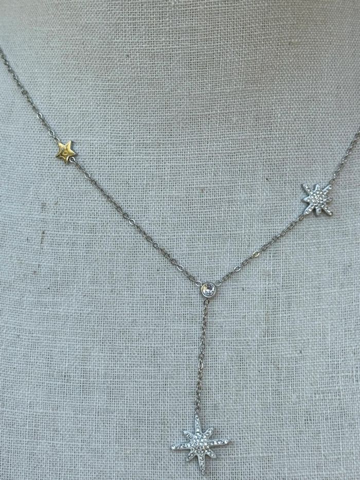 Collier V réglable acier inoxydable argent croix étoile cristaux - photo numéro 2