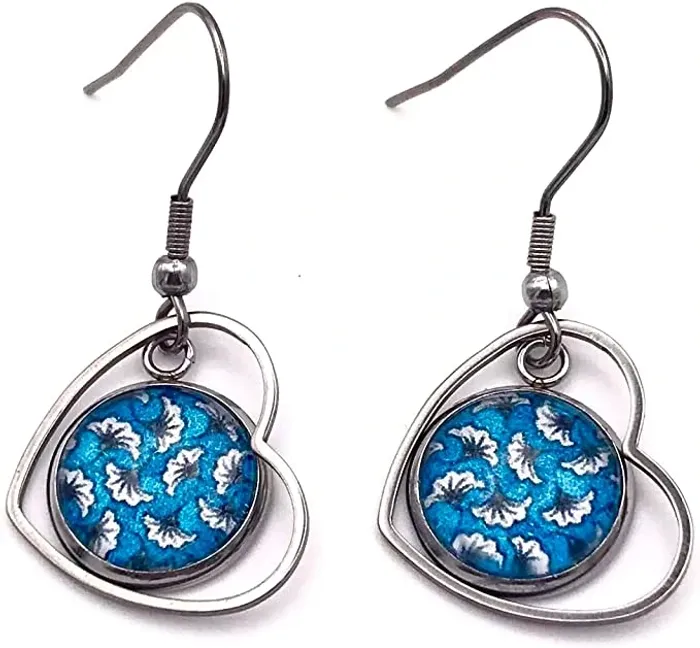 Boucles d'oreilles Pendantes Cœur Argenté avec Cabochon en Verre de 12 mm, en Acier Inoxydable
