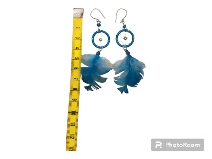Boucles d'oreilles attrape rêve et plume bleues - photo numéro 2