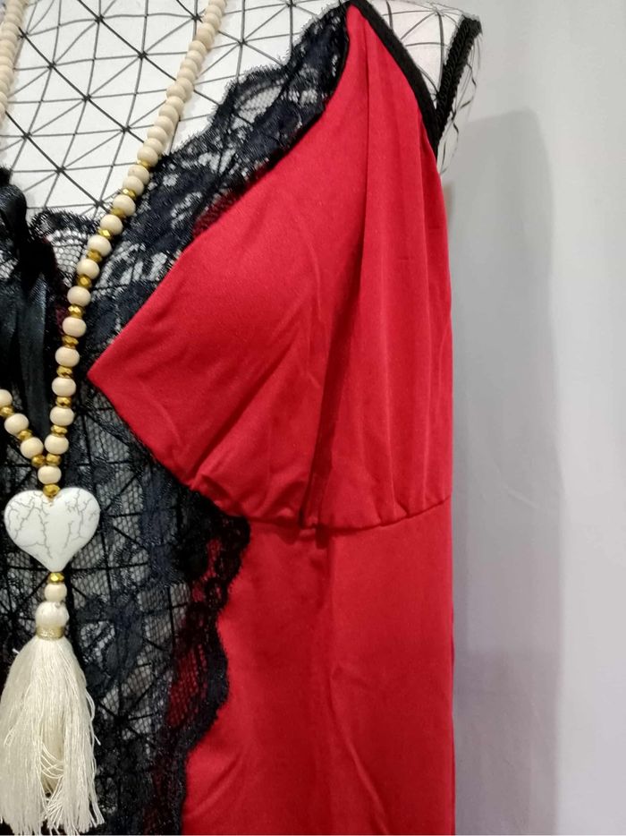 Robe nuisette sexy grande taille noire et rouge – dentelle contrastée avec string assorti 💋 - photo numéro 6