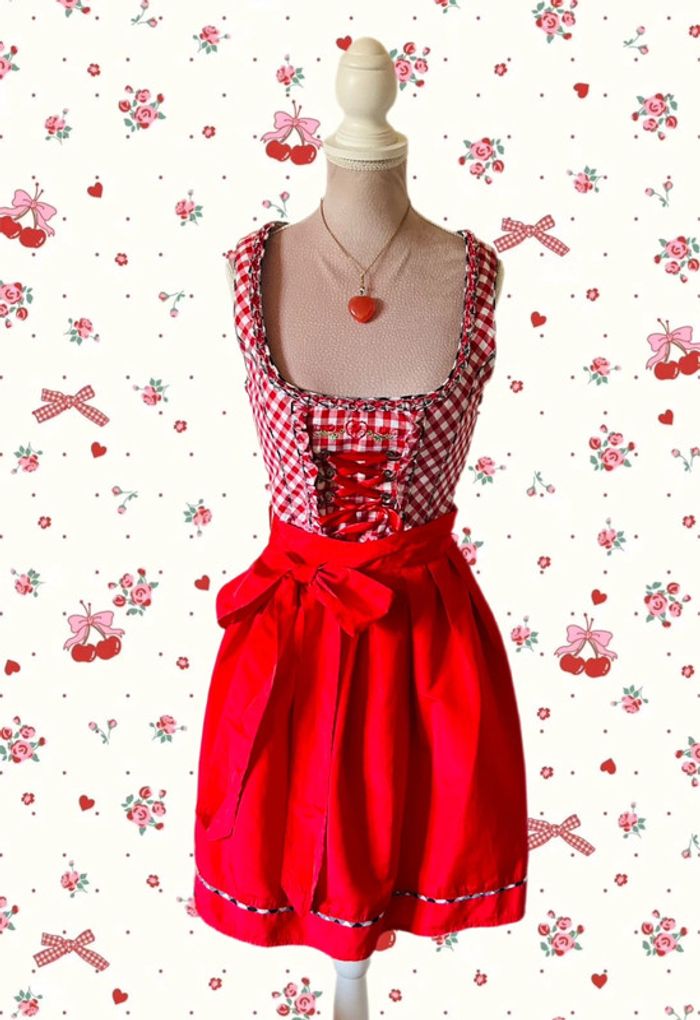 🍒Jolie robe traditionnelle autrichienne cottagecore dirndl red gingham austrian dress🍒 - photo numéro 3