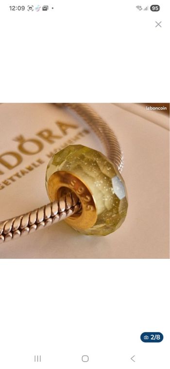 Charm compatible Pandora — verre facetté vert — argent 925 (S925) — cœur doré