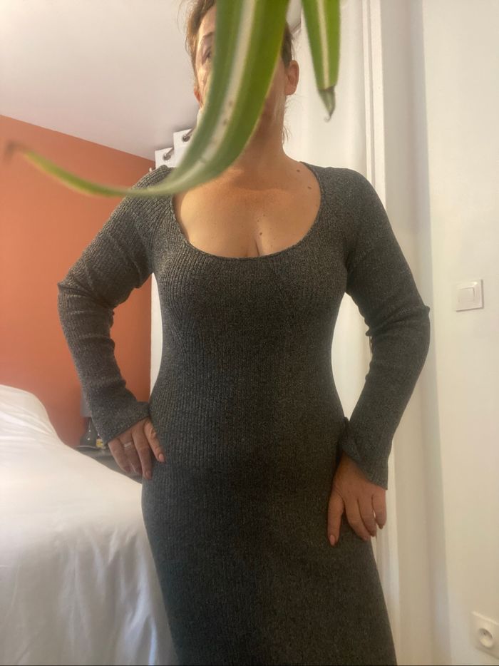 Robe longue maille côtelée grise h&m