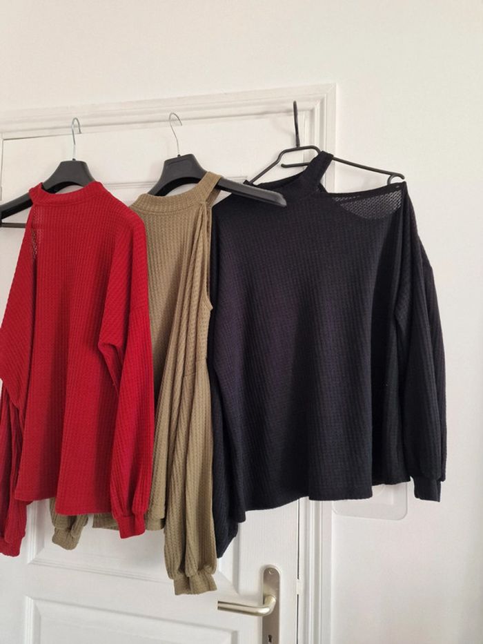 Top maille gaufrée rouge cerise/noir/olive - photo numéro 2