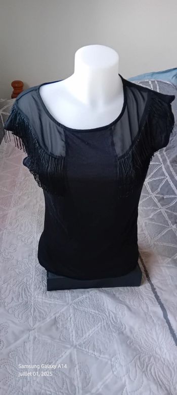 Haut manches courtes bi matière avec franges noir femme xs naf naf