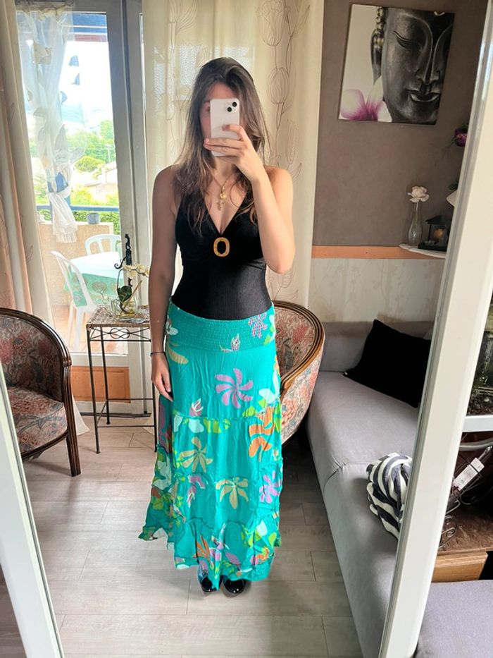 Jupe longue exotique maxi skirt bohème champêtre vintage y2k taille basse