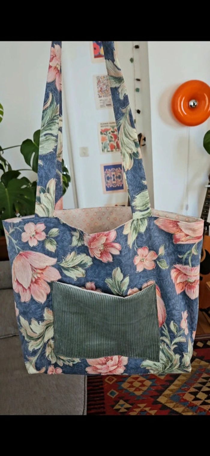 Tote bag fleuri/velours côtelé