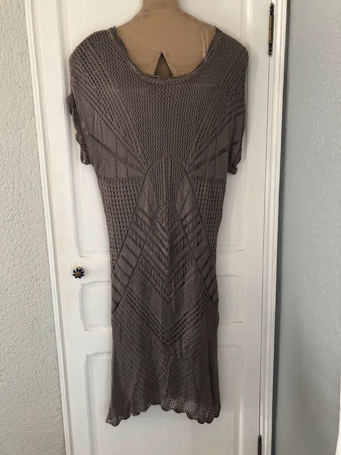 AN21- Robe longue crochet « Ulla Popken » gris/taupe T48-50 portée 1 soirée