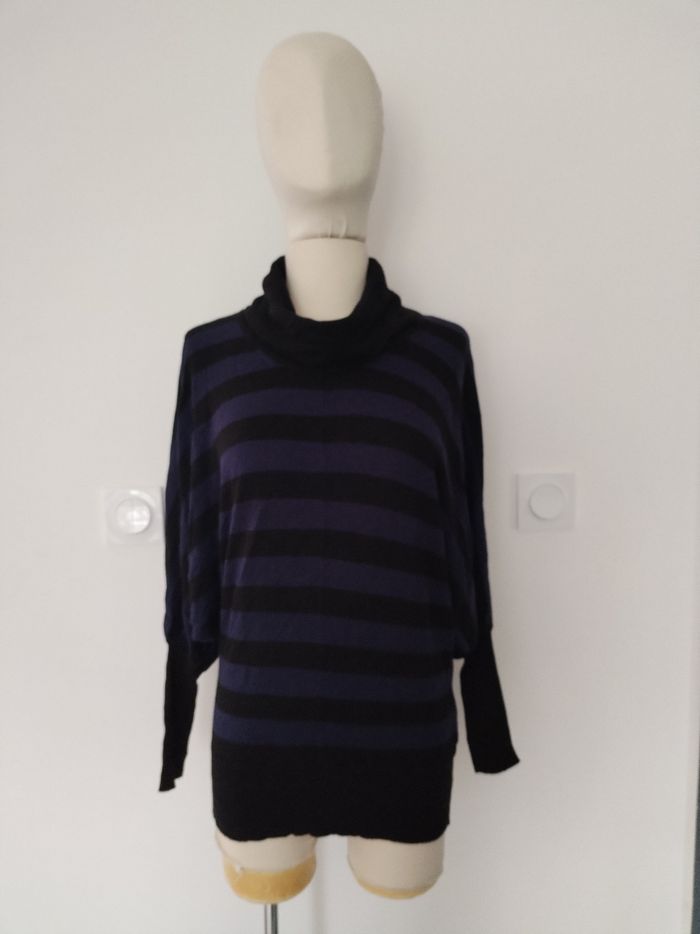 PULL BLEU MARINE /NOIR VINTAGE FEMME A MANCHES LONGUES CAMAIEU TAILLE L/40 TBE - photo numéro 2