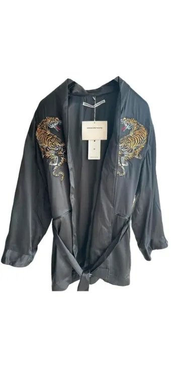 Alexander Wang robe-kimono soie noire luxe brodée tigre – silk kimono dress tiger XXS