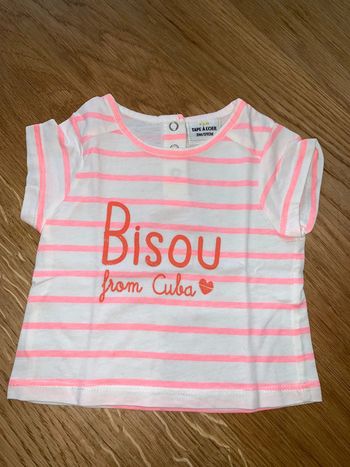 Tee-shirt bébé fille tao tape à l’œil Blanc Rayures Visuel Bisou à paillettes