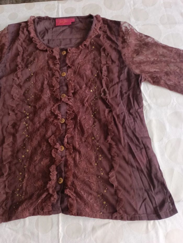 Chemisier blouse femme manches en dentelle JAC& JAC taille 2 froufrou et sequins rétro vintage - photo numéro 3