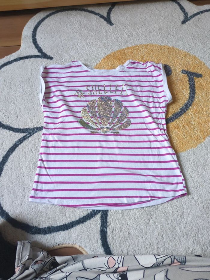T-shirt marinière rose coquillage holographique 8 ans