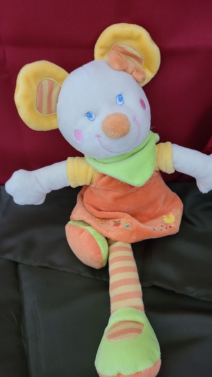DOUDOU PELUCHE MOTS D'ENFANTS SOURIS ROBE ORANGE JAUNE FOULARD VERT - photo numéro 2
