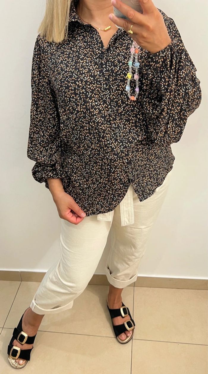 🌿Chemise noire imprimé pois beiges Vila Taille 38 - photo numéro 5