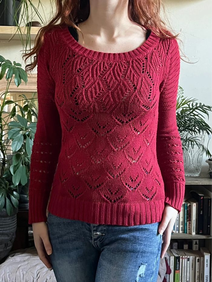 Haut manches longues type dentelle - rouge foncé - photo numéro 3