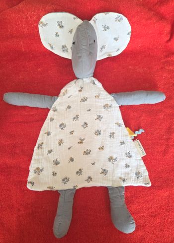 Grand doudou Éléphant gris - Lange blanc fleuri - ED Création 