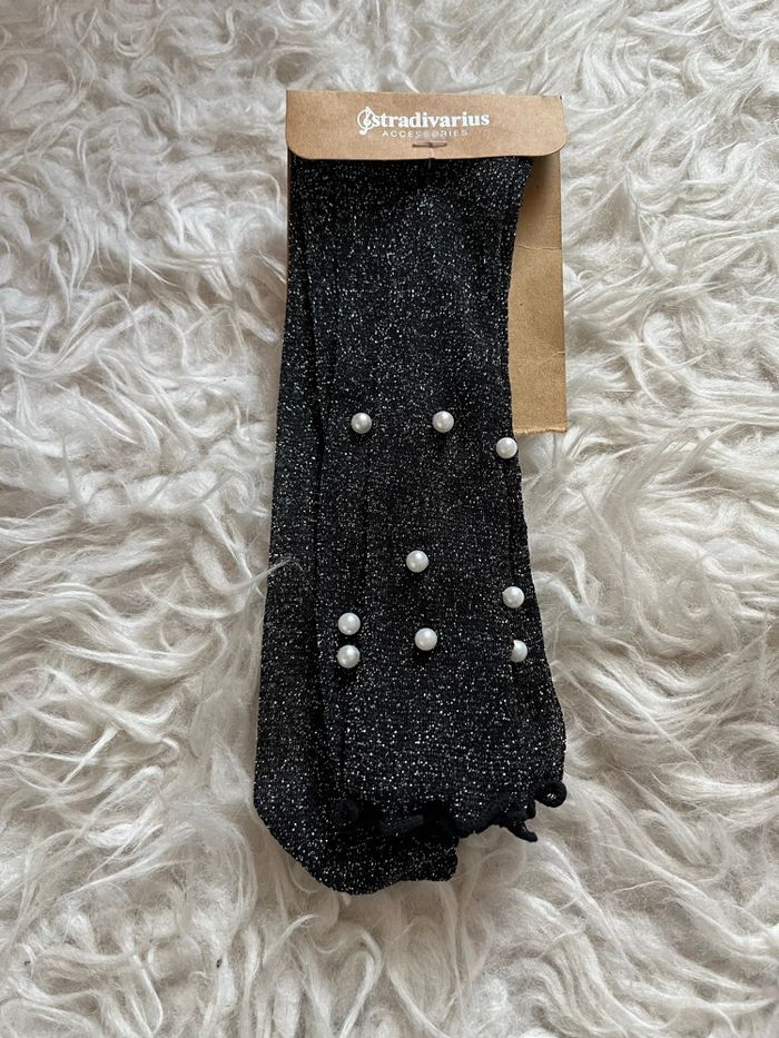 Chaussettes fines noires paillettes argentées perles blanches 24/26cm Stradivarius neuves 🧦