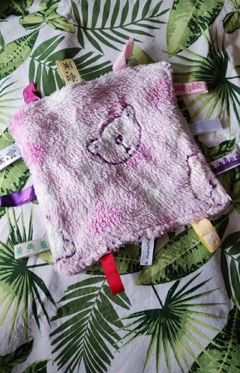 Doudou plat avec étiquette dessus