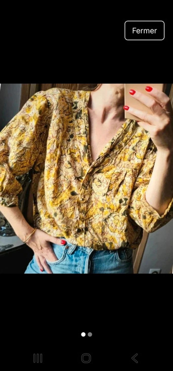 Blouse vintage coton boutons dorés jaune et verte - photo numéro 5