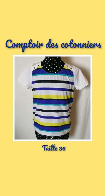 Tee-shirt / top marinière blanc bleu jaune vert taille 36 Comptoir des cotonniers