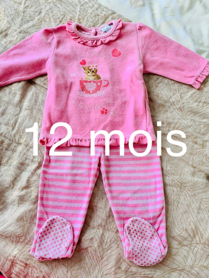 Pyjama chat velours rose -12 mois