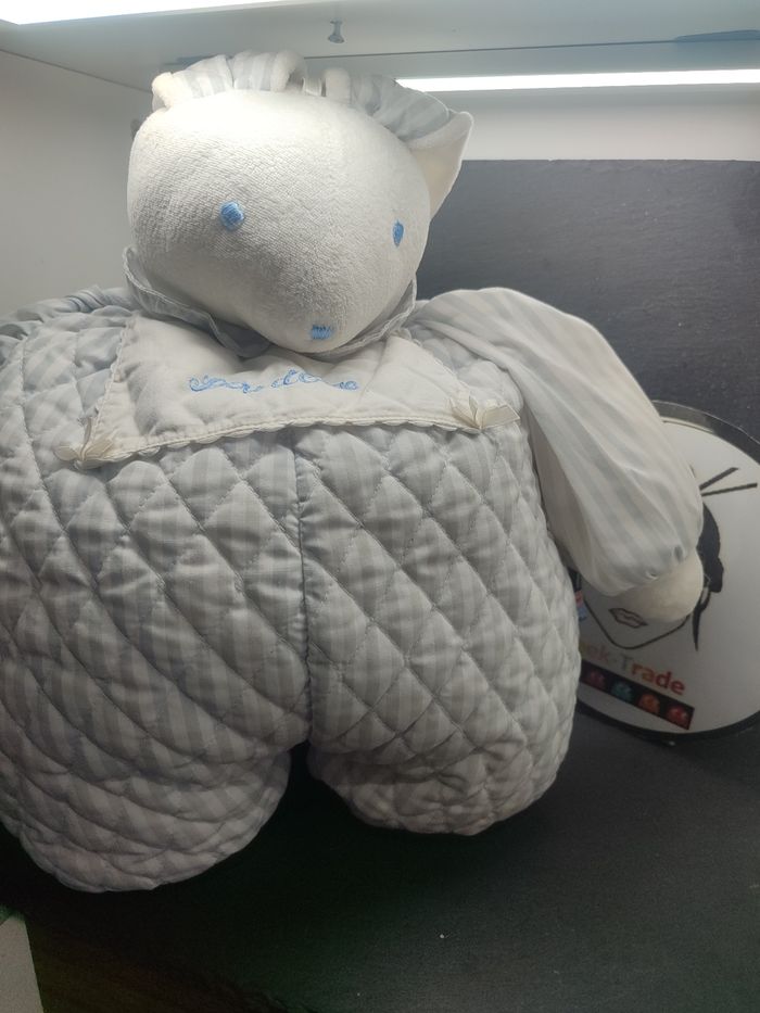 Doudou Lapin rayé bleu coussin Sucre d'orge range pyjama peluche ancien blanc - photo numéro 3