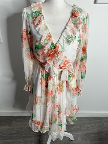 Robe bohème chic à fleurs blanche verte et orange T38 M