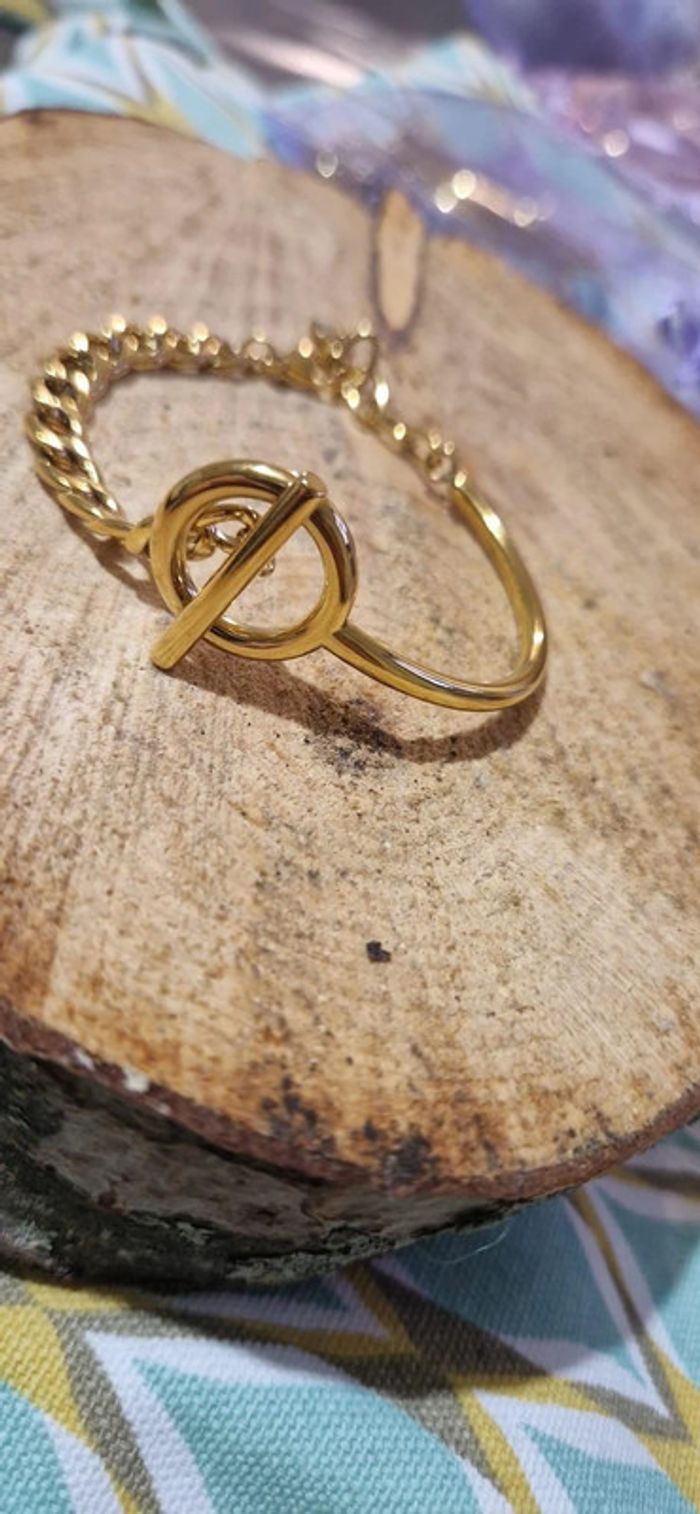 Bracelet mi jonc mi chaîne épaisse réglable cercle tige acier inoxydable or - photo numéro 3
